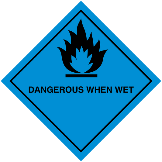 Hazardous safety sign sticker with flame icon and text DANGEROUS WHEN WET
