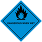 Hazardous safety sign sticker with flame icon and text DANGEROUS WHEN WET