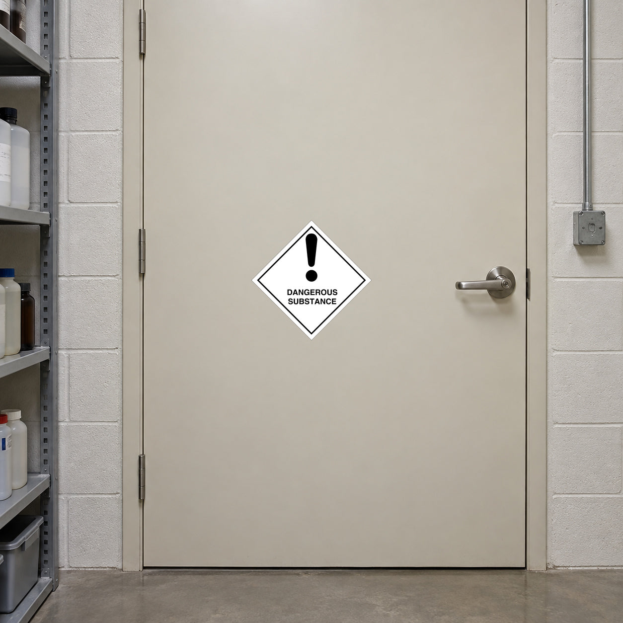 Hazardous Safety Sign Sticker applied in a controlled chemical storeroom entrance, solid cream door, stainless handle far right and storage shelving at extreme left