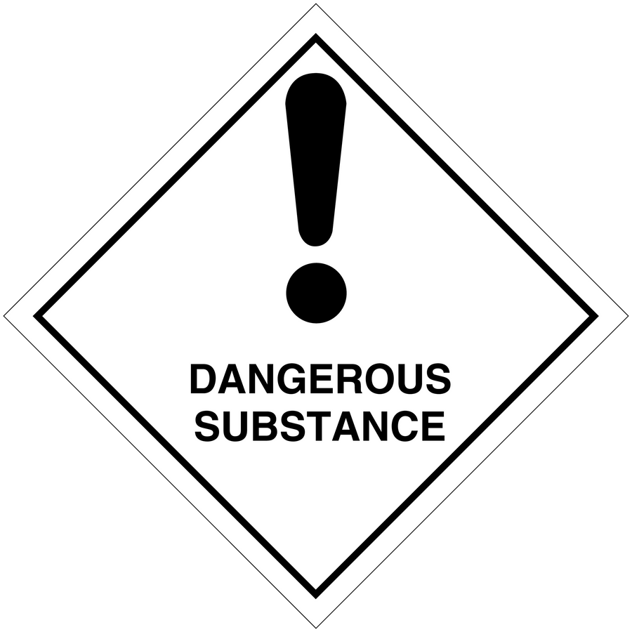 Hazardous safety sign sticker: white diamond with black border, DANGEROUS SUBSTANCE text