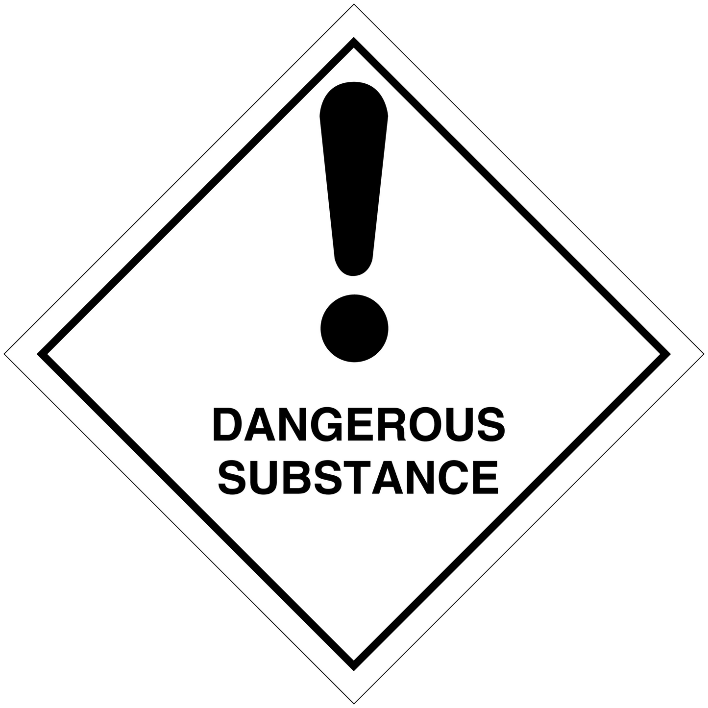 Hazardous safety sign sticker: white diamond with black border, DANGEROUS SUBSTANCE text