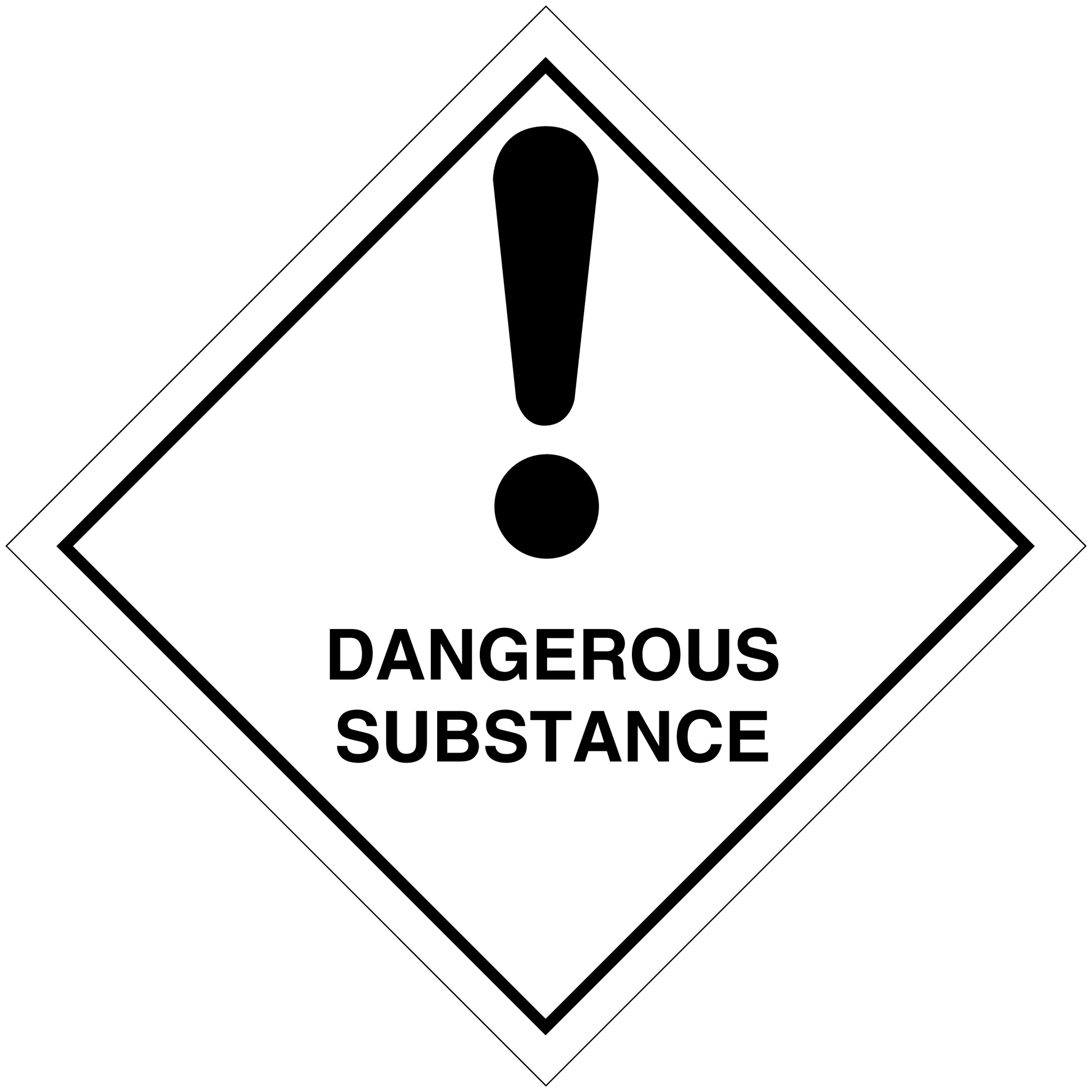 Hazardous safety sign sticker: white diamond with black border, DANGEROUS SUBSTANCE text