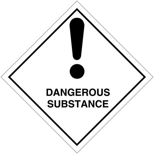 Hazardous safety sign sticker: white diamond with black border, DANGEROUS SUBSTANCE text
