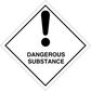 Hazardous safety sign sticker: white diamond with black border, DANGEROUS SUBSTANCE text