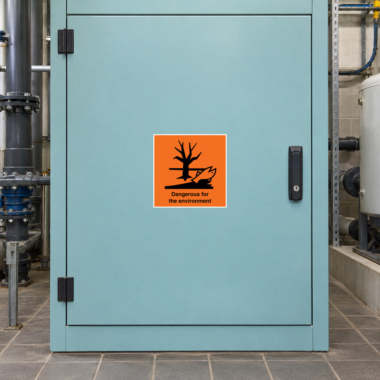 Safety sign sticker: orange biohazard symbol with 'Dangerous for the environment'.