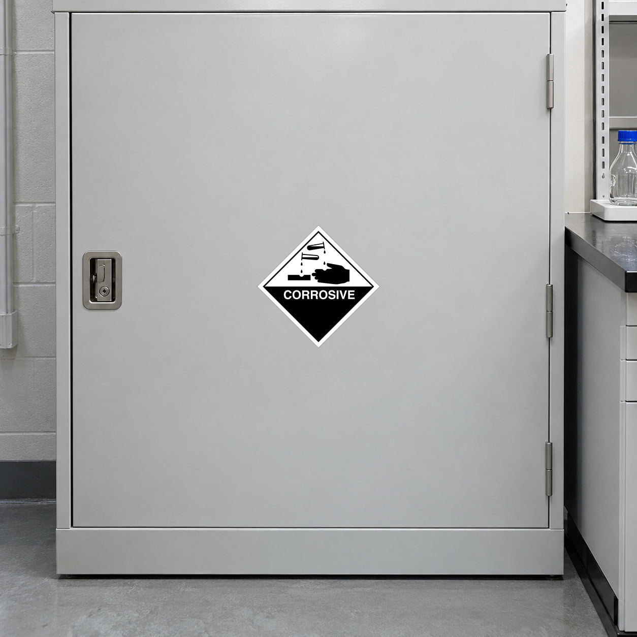 Corrosive hazardous safety sign sticker, diamond shape with CORROSIVE text