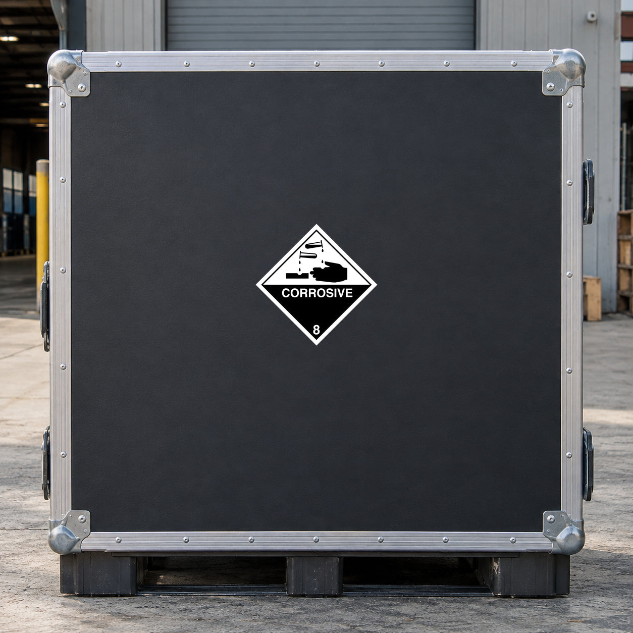 Corrosive hazard sign sticker with diamond icon, text CORROSIVE and number 8.