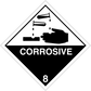 Corrosive hazardous sign sticker with warning triangle, corrosive hand icon, level 8.