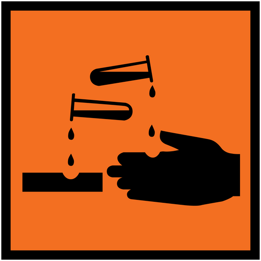 Hazardous safety sign sticker, orange square with black hazard hand and falling liquid.