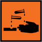Hazardous safety sign sticker, orange square with black hazard hand and falling liquid.