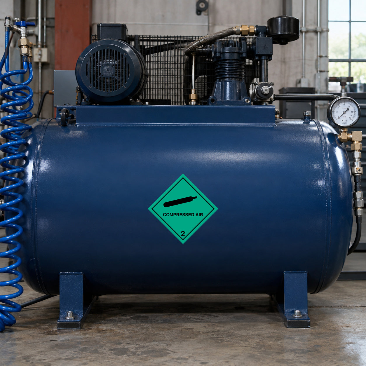 Hazardous safety sign sticker with green compressed air warning diamond on blue tank