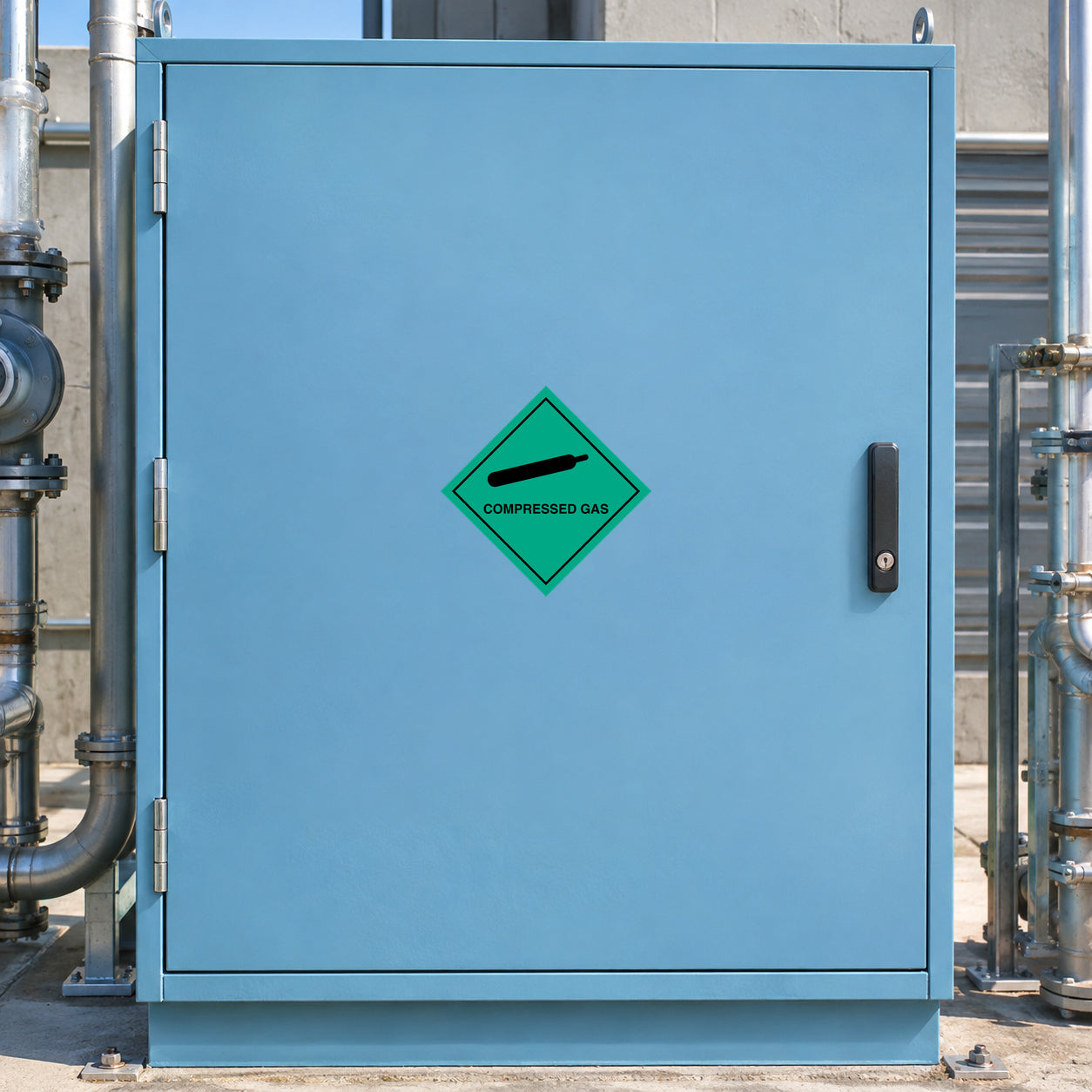 Green diamond safety sign sticker reading "Compressed Gas"