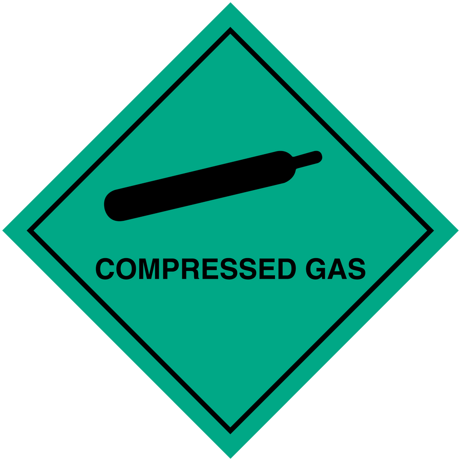 Hazardous safety sign sticker, teal 'COMPRESSED GAS' diamond with gas cylinder icon