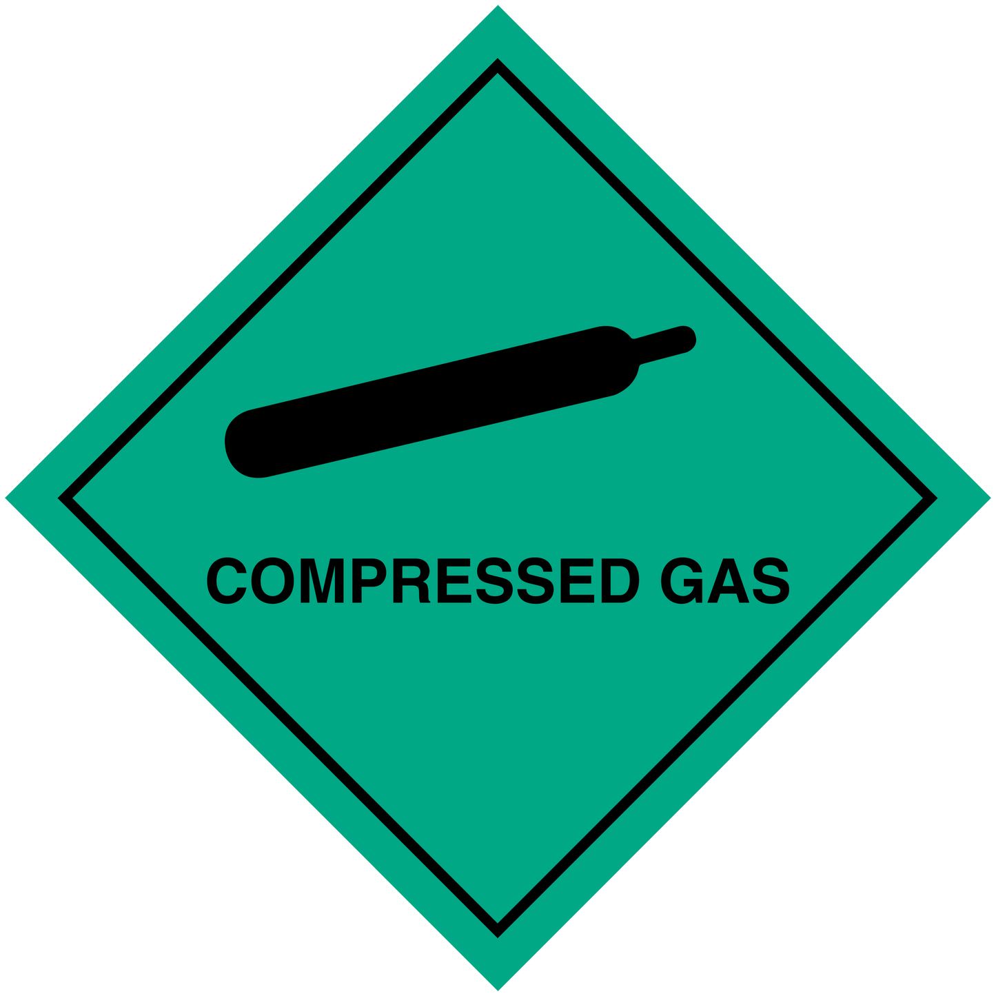 Hazardous safety sign sticker, teal 'COMPRESSED GAS' diamond with gas cylinder icon