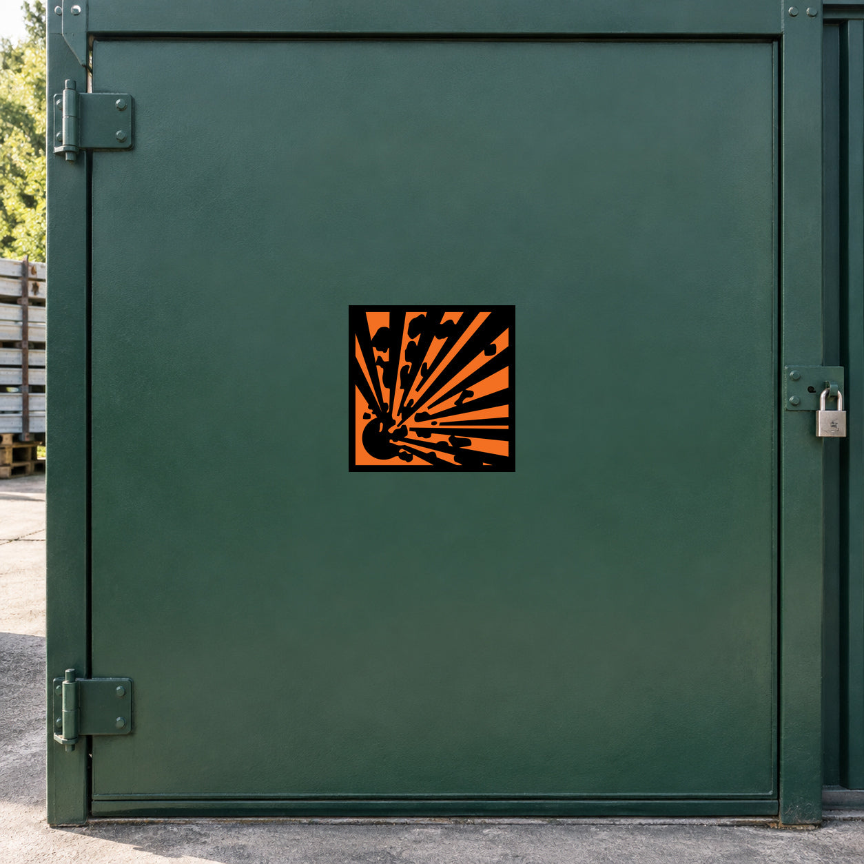 Hazardous safety sign sticker with orange warning burst icon in black frame