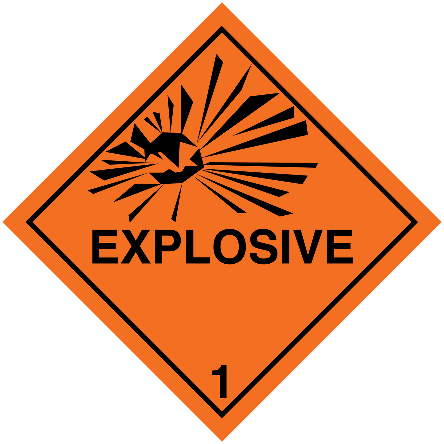Explosive hazard sign sticker: orange diamond with black border, EXPLOSIVE text and risk 1