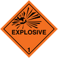 Explosive hazard sign sticker: orange diamond with black border, EXPLOSIVE text and risk 1