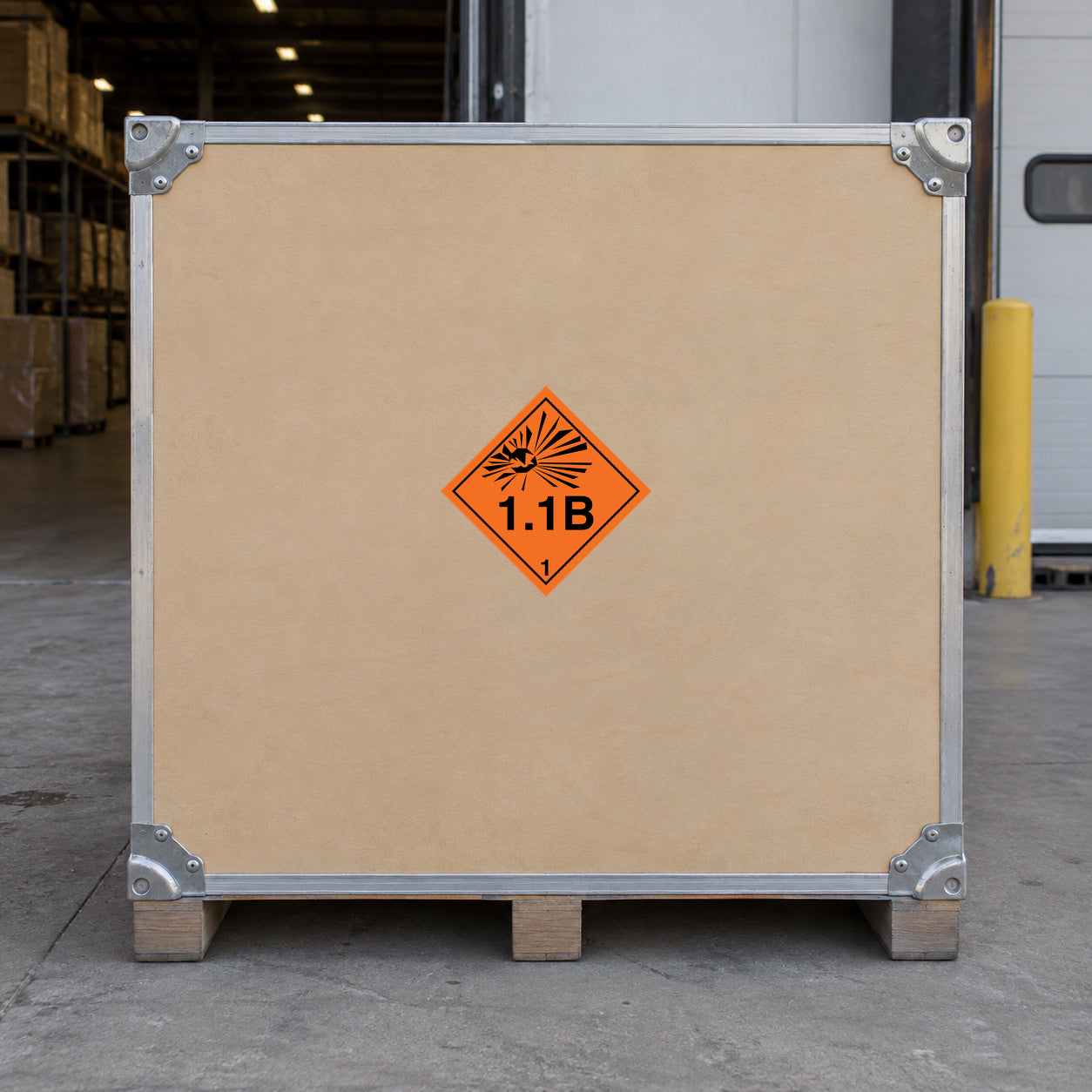 Hazard warning sign sticker with orange 1.1B diamond symbol