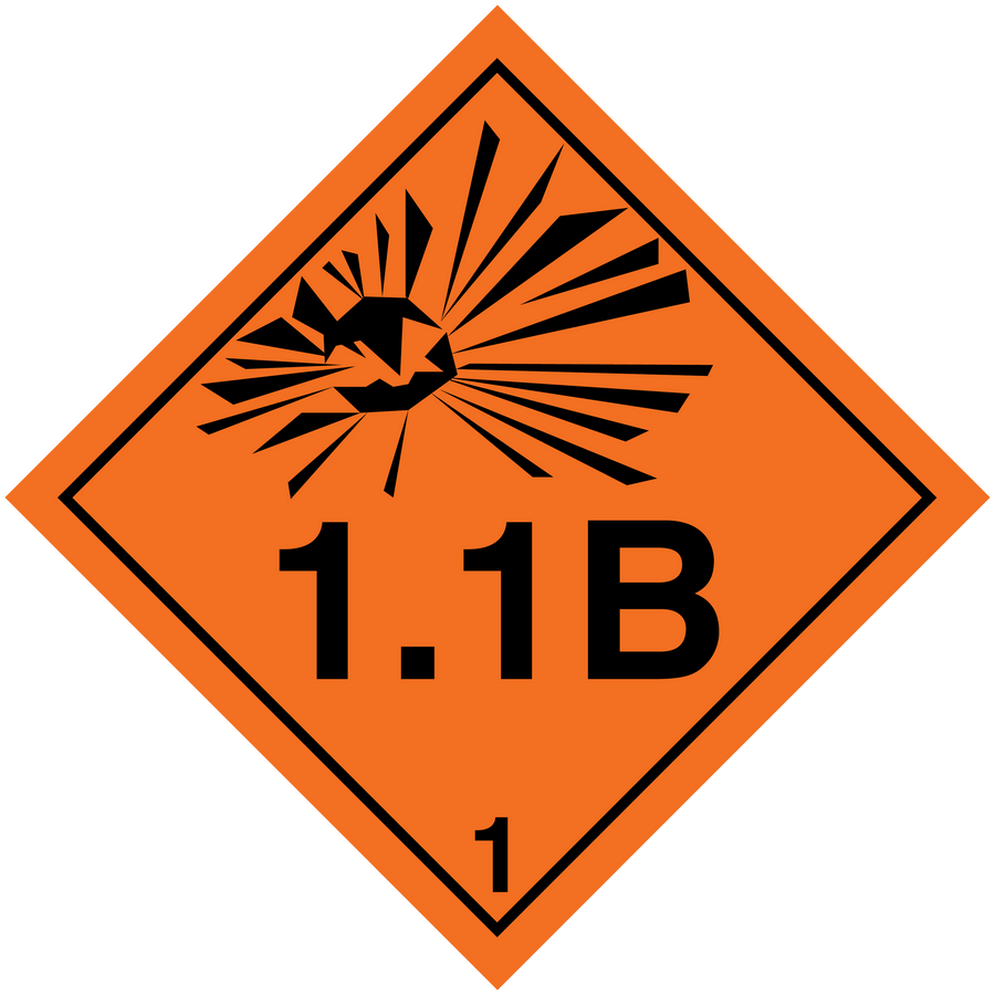 Orange hazardous diamond safety sign sticker with black radiation symbol and “1.1B” mark
