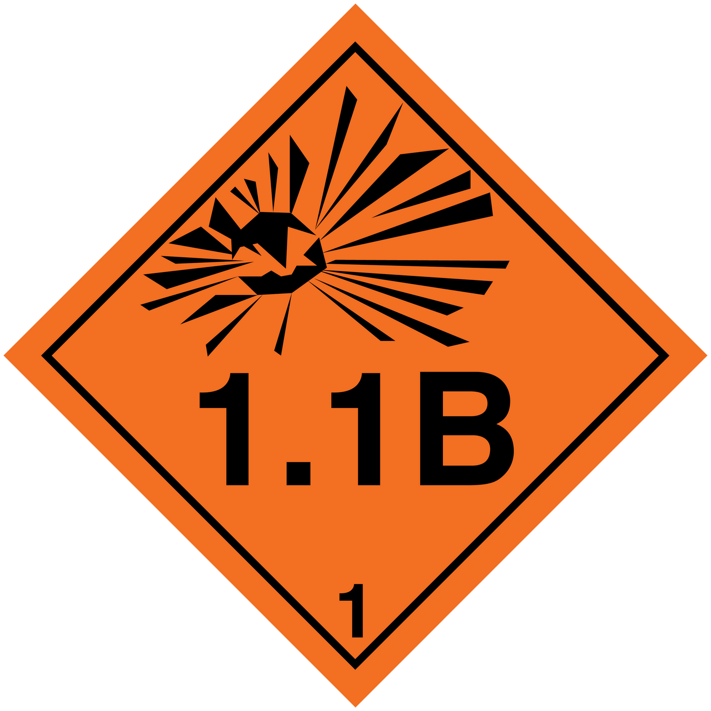 Orange hazardous diamond safety sign sticker with black radiation symbol and “1.1B” mark