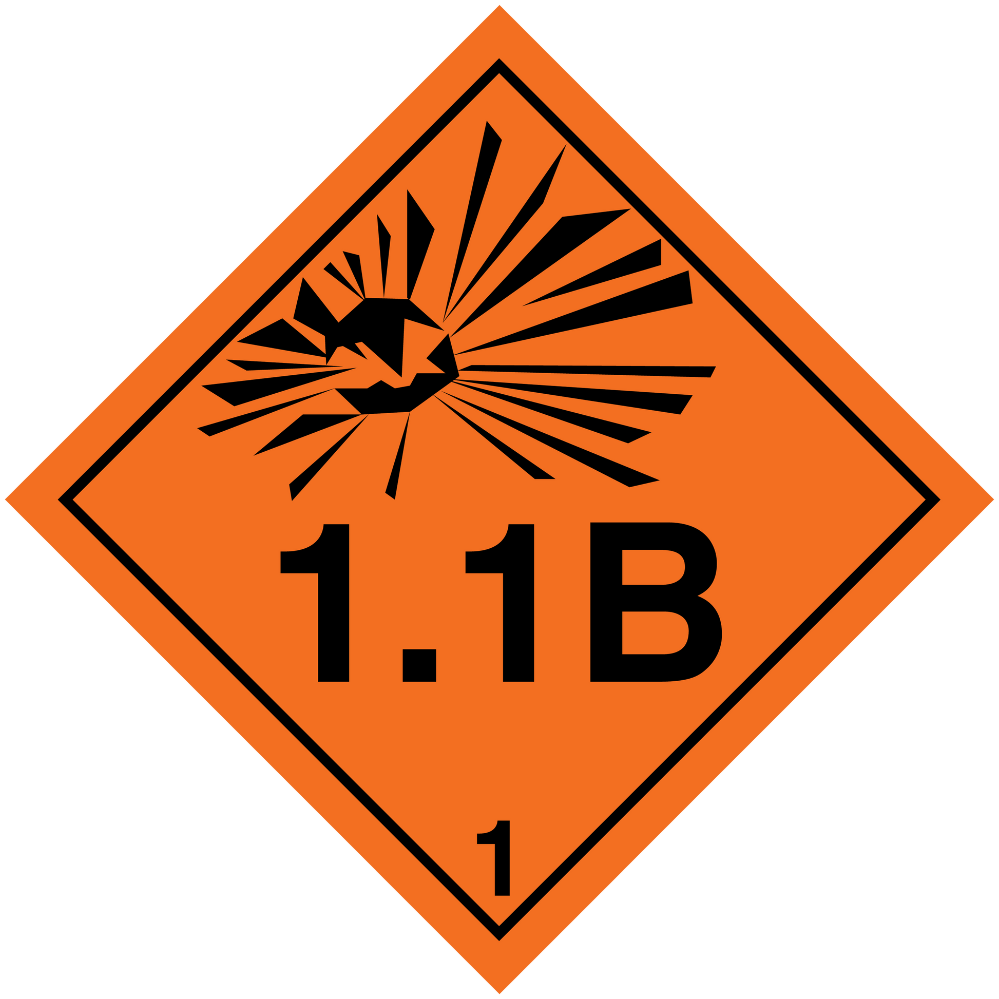 Orange hazardous diamond safety sign sticker with black radiation symbol and “1.1B” mark