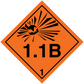 Orange hazardous diamond safety sign sticker with black radiation symbol and “1.1B” mark