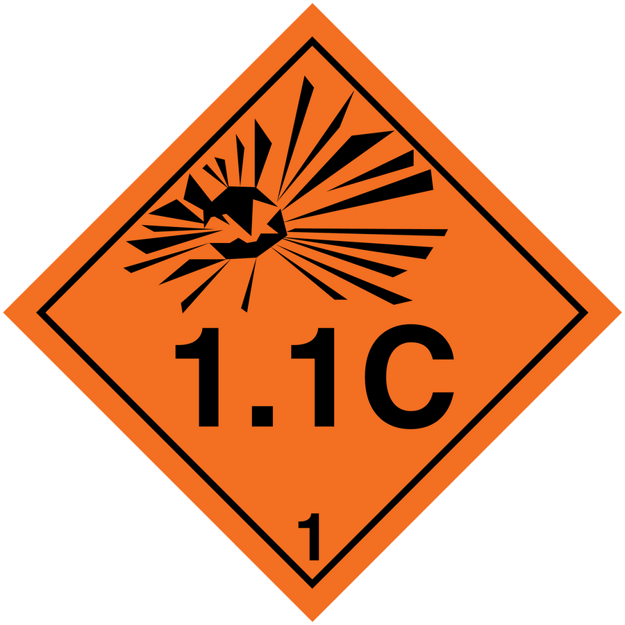 Hazardous safety sign sticker: orange radiation diamond with 1.1C text and numeral 1