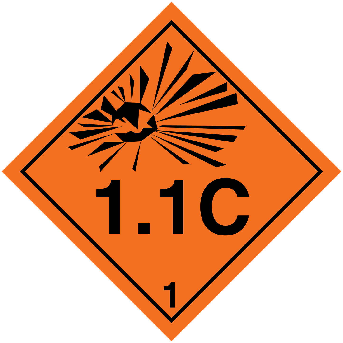 Hazardous safety sign sticker: orange radiation diamond with 1.1C text and numeral 1