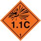 Hazardous safety sign sticker: orange radiation diamond with 1.1C text and numeral 1