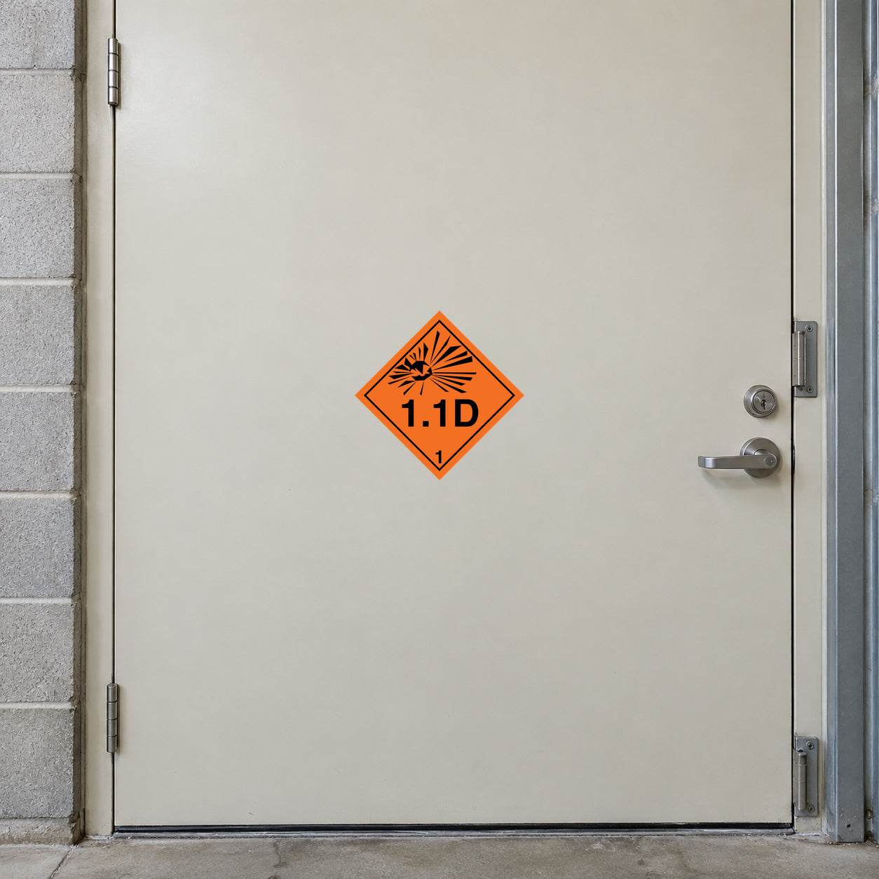 Hazard warning sign sticker: orange diamond with '1.1D' and flame icon