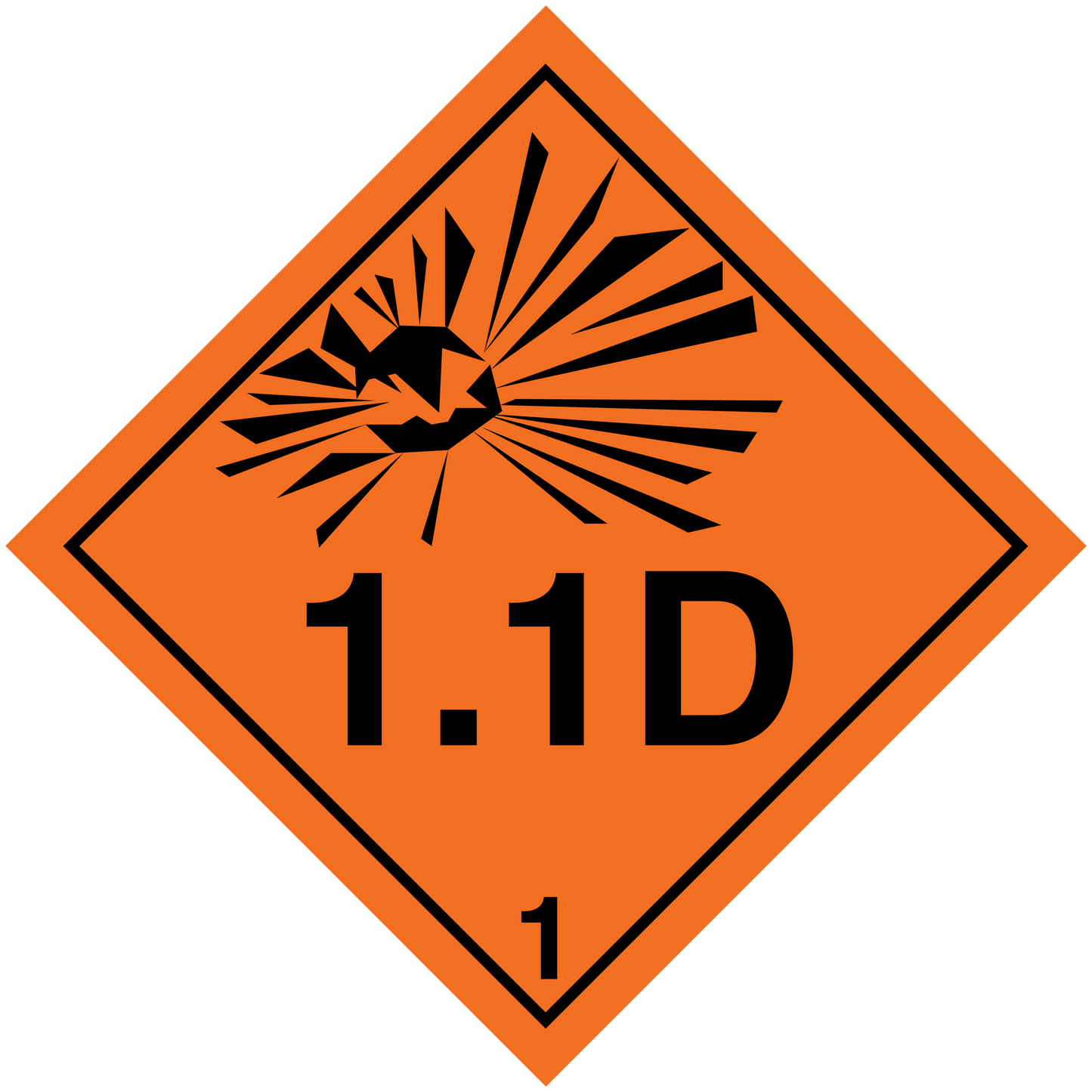 Orange hazardous radiation sign sticker, diamond shape, 1.1D text and hazard lines.