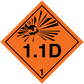 Orange hazardous radiation sign sticker, diamond shape, 1.1D text and hazard lines.