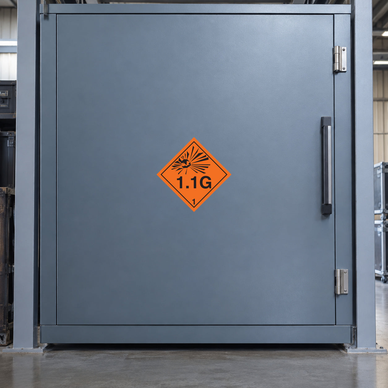 Hazardous Safety Sign Sticker applied in a secure shipping room, smooth blue grey sealed cargo cabinet front, handles far right, structural pillars at edges