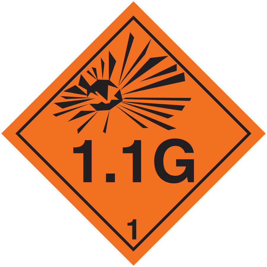 Hazardous safety sign sticker, orange diamond with black radiation symbol and 1.1G