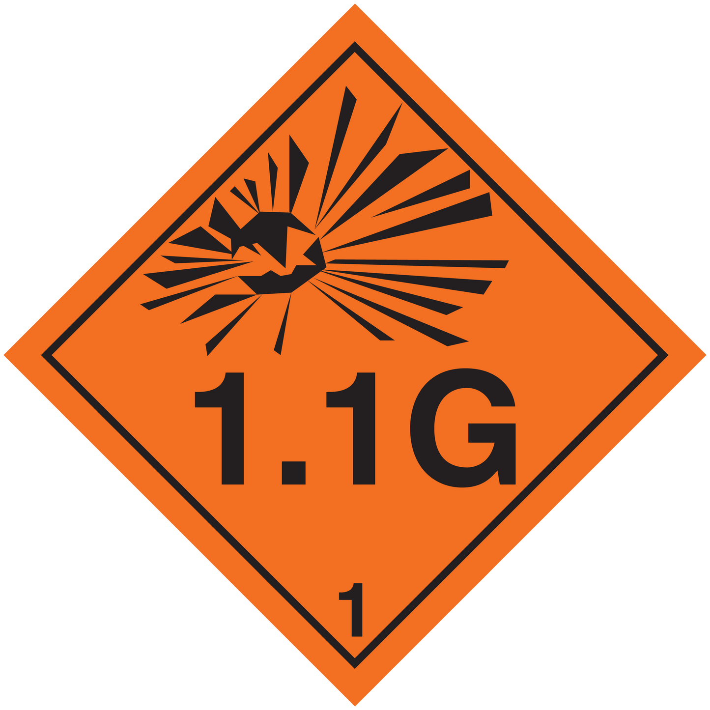 Hazardous safety sign sticker, orange diamond with black radiation symbol and 1.1G