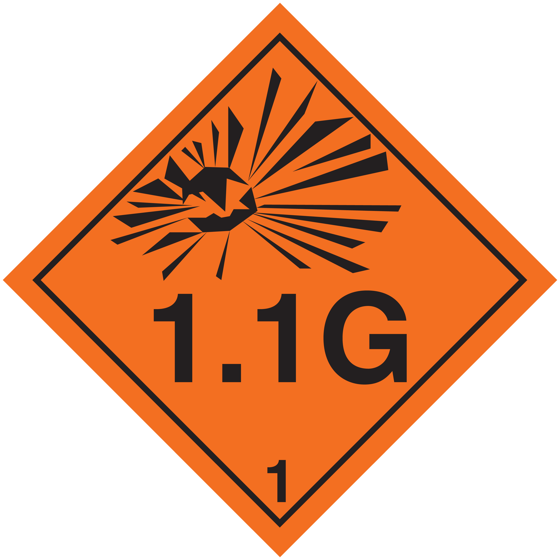 Hazardous safety sign sticker, orange diamond with black radiation symbol and 1.1G