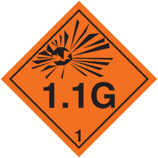 Hazardous safety sign sticker, orange diamond with black radiation symbol and 1.1G