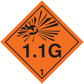 Hazardous safety sign sticker, orange diamond with black radiation symbol and 1.1G