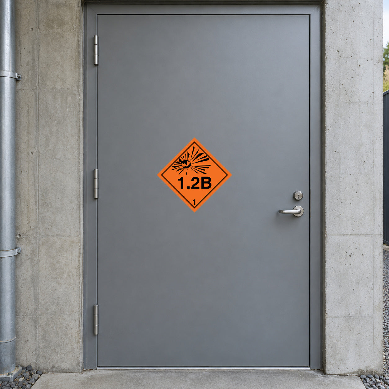 Hazard warning sign sticker with radiation trefoil and "1.2B" in orange diamond