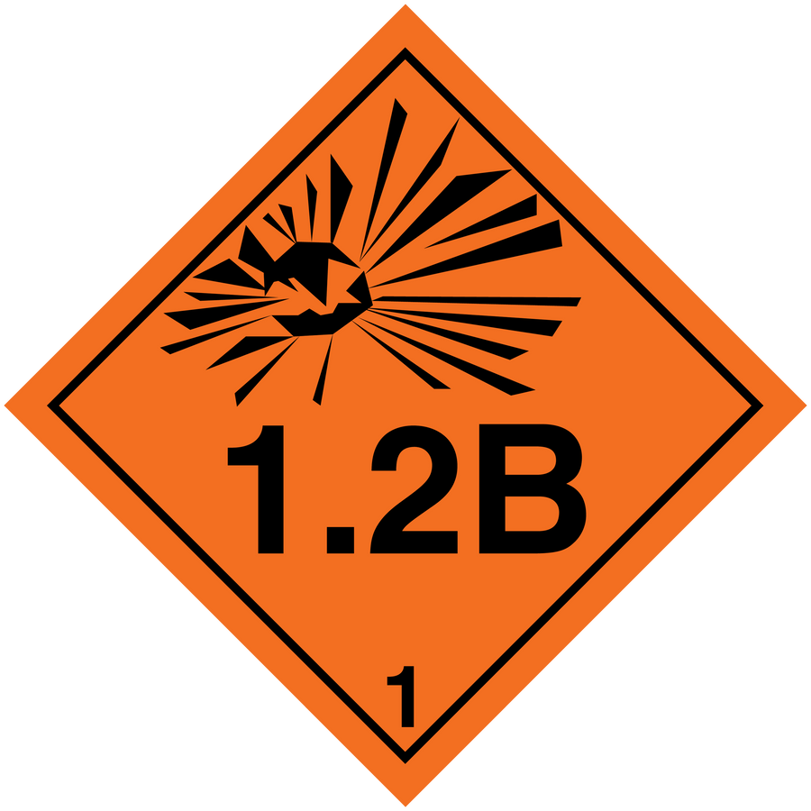 Hazard warning sign sticker with 1.2B marking and radiating symbol, orange border