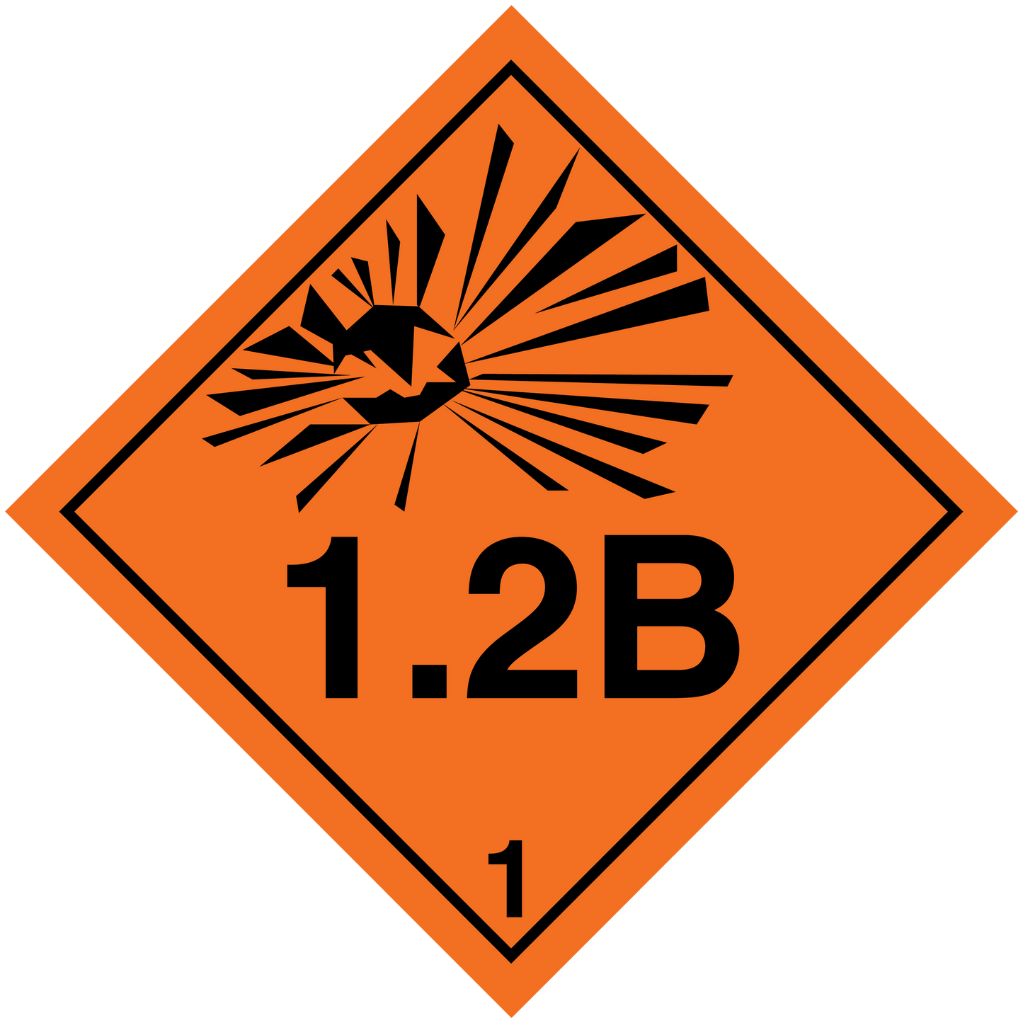 Hazard warning sign sticker with 1.2B marking and radiating symbol, orange border