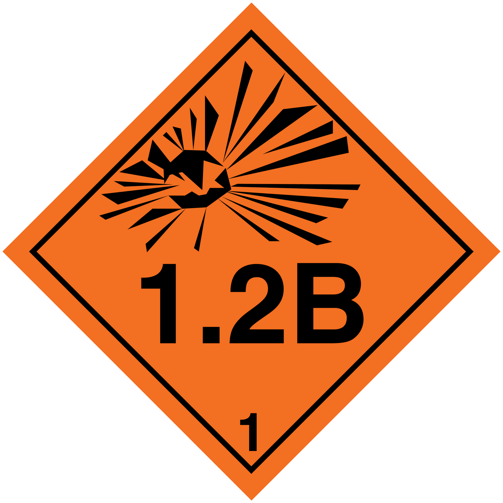 Hazard warning sign sticker with 1.2B marking and radiating symbol, orange border