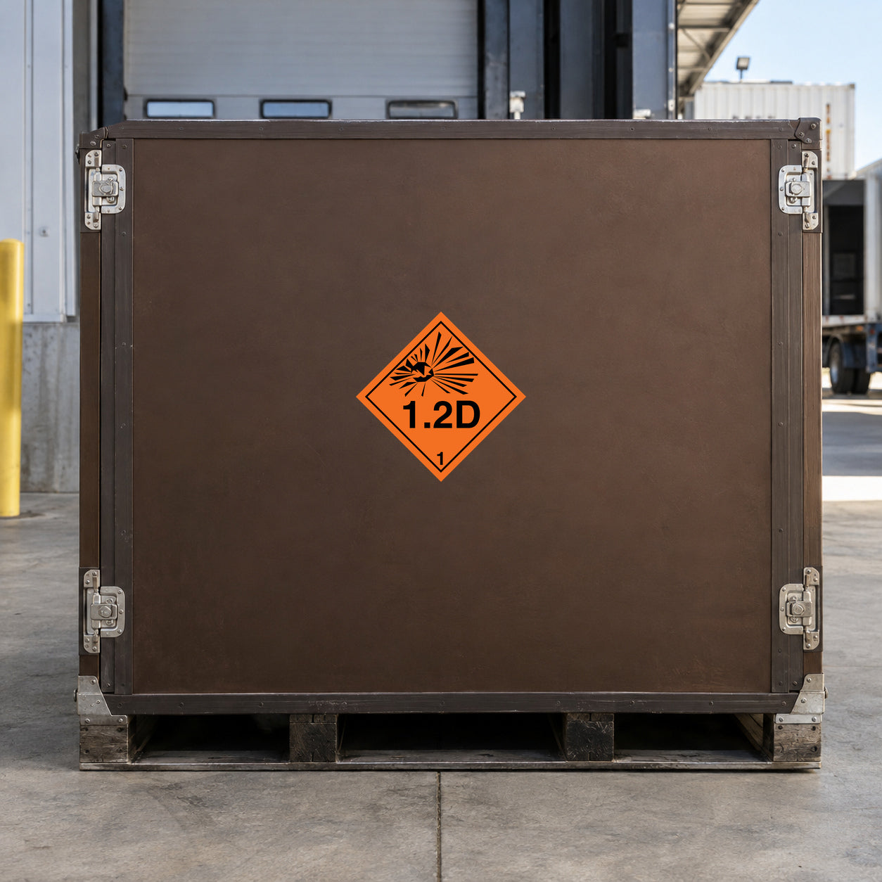 Hazard warning sticker with orange diamond and black 1.2D radiation symbol