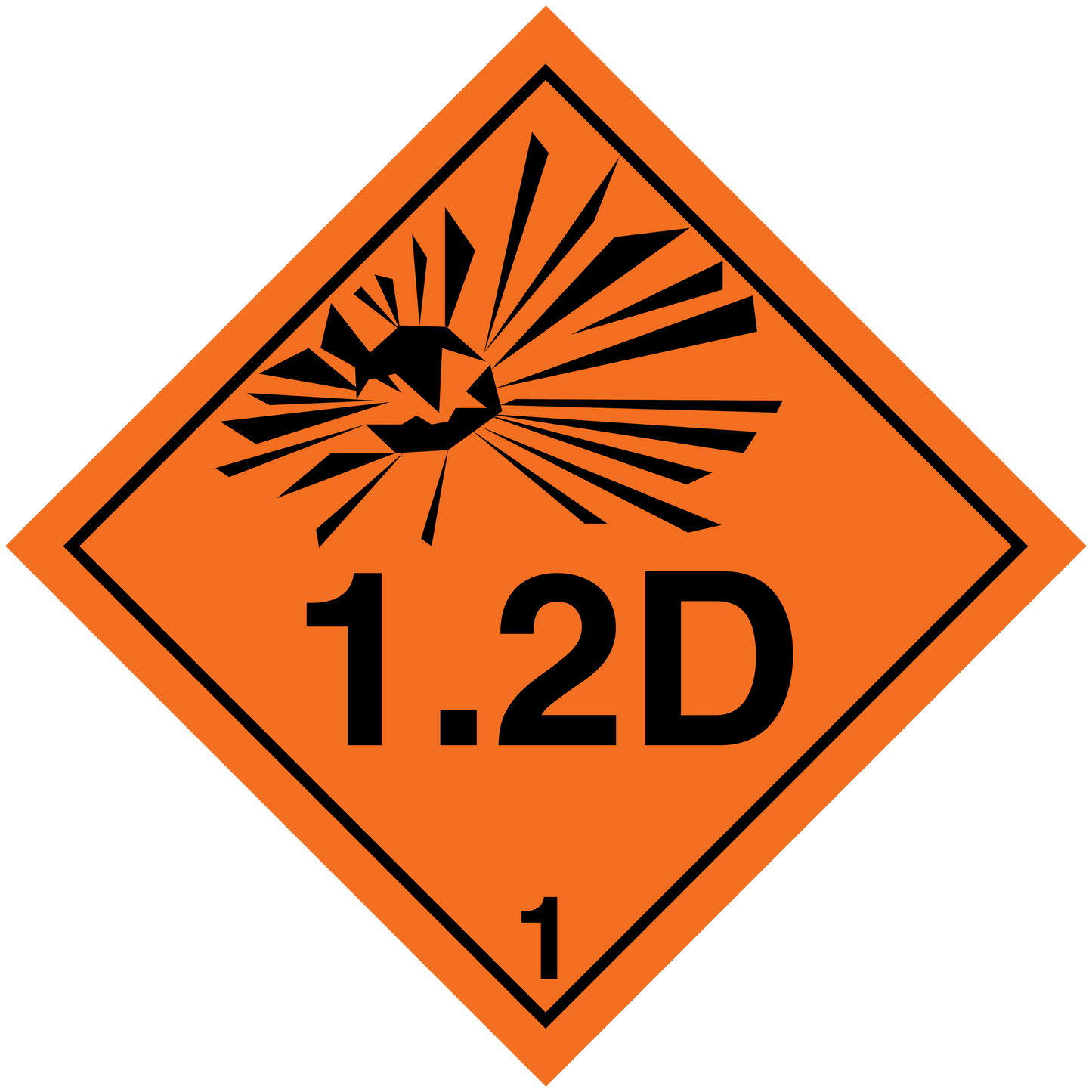 Hazardous safety sign sticker, orange diamond with black radiation symbol and “1.2D” text