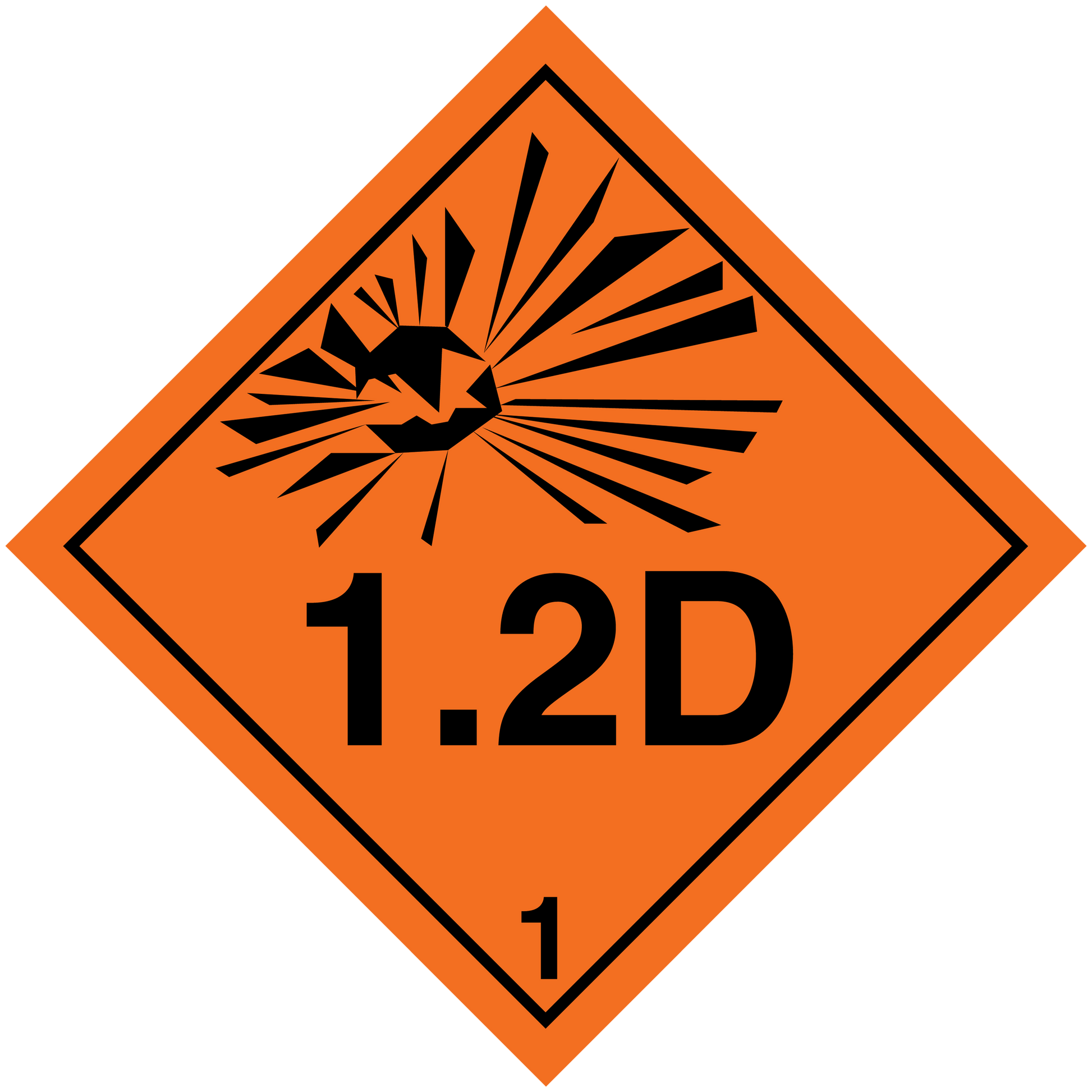 Hazardous safety sign sticker, orange diamond with black radiation symbol and “1.2D” text