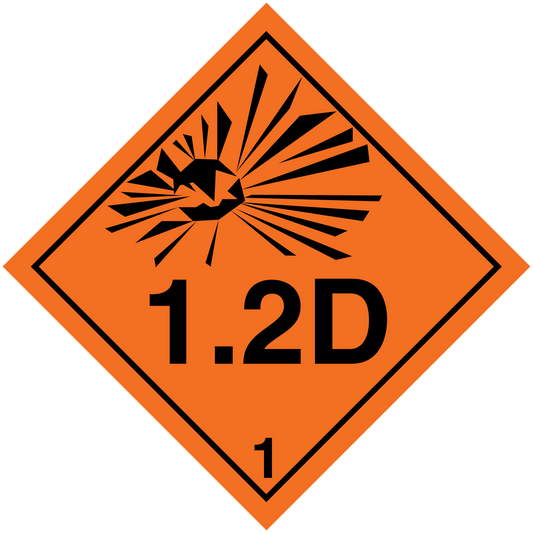 Hazardous safety sign sticker, orange diamond with black radiation symbol and “1.2D” text