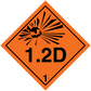 Hazardous safety sign sticker, orange diamond with black radiation symbol and “1.2D” text