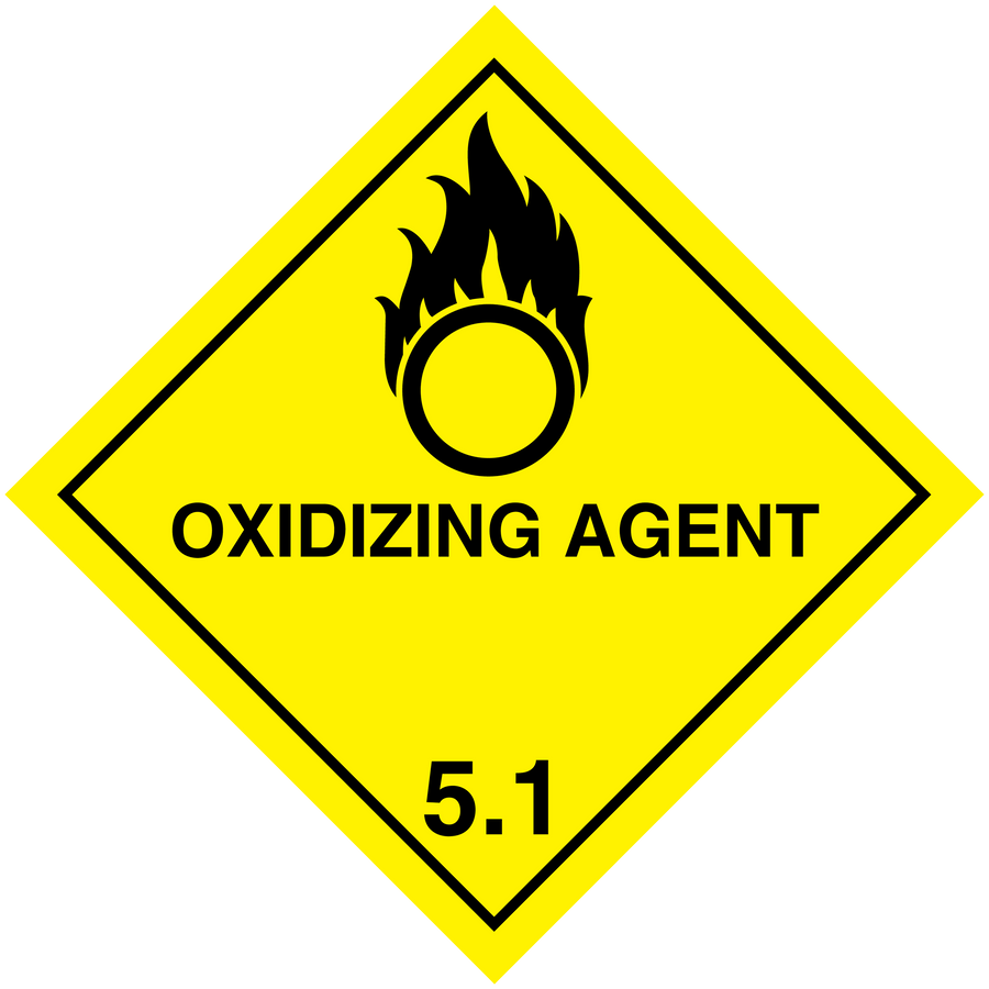 Hazardous oxidizing agent warning sign sticker, yellow diamond with flame icon and 5.1 label.