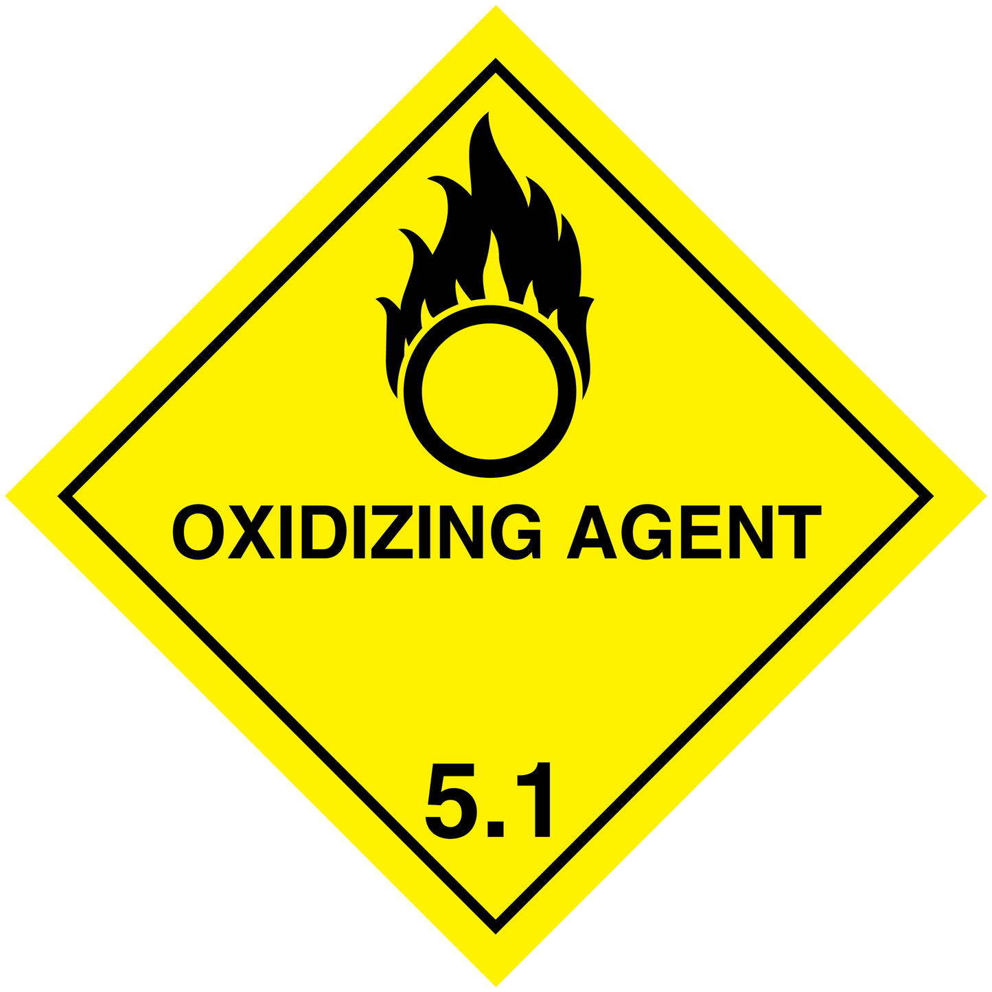Hazardous oxidizing agent warning sign sticker, yellow diamond with flame icon and 5.1 label.