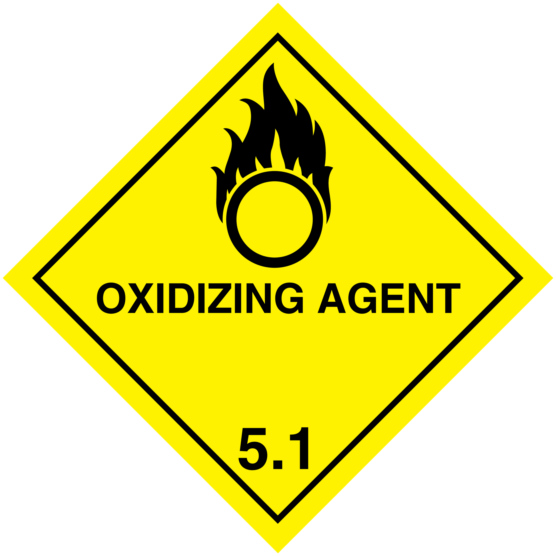 Hazardous oxidizing agent warning sign sticker, yellow diamond with flame icon and 5.1 label.
